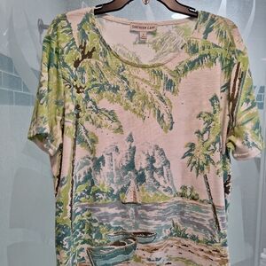 Southern Lady Scenic Print Blouse in Green and Blue Tropical Pattern